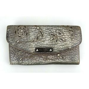 Salvatore Ferragamo Wallet Vintage Floral Cutout Leather Metallic Gunmetal Italy
